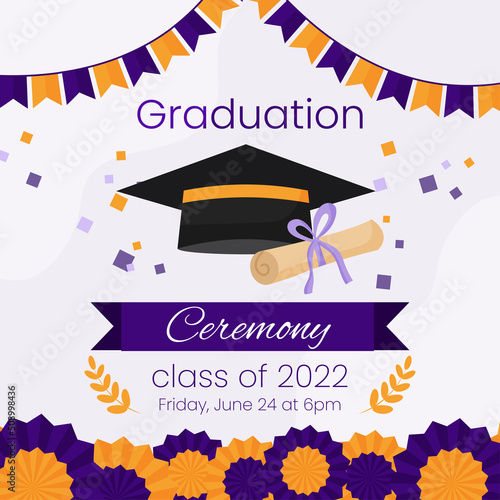 High school graduation ceremony and party invitation template. Greeting card concept for social media. Graduation cap with diploma and purple decoration. Vector illustration