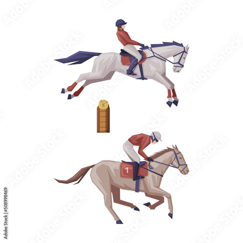 Man Riding Horse Sitting on Horseback in Saddle Vector Set