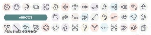set of arrows icons in outline style. thin line icons such as exit down, reload time, upward, square, left curve arrow, split arrows, sort, undo arrow, roundabout icon.