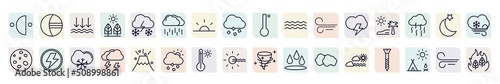 set of weather icons in outline style. thin line icons such as last quarter, atmospheric pressure, steady rain, mist, subtropical climate, light bolt, thunderstorm, warm, calm icon.