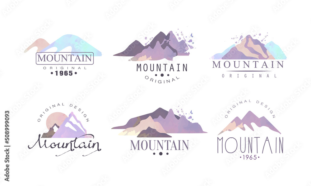 Watercolor Mountain Original Logo Design with Purple Peak and Ridge Vector Set