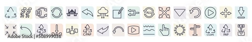 set of user interface icons in outline style. thin line icons such as recycable, no tittling, arrow address back, alu, reload webpage, sketched arrow, download arrow, curve left selectioned circle, photo