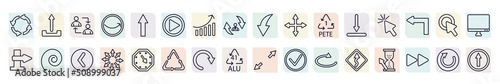 set of user interface icons in outline style. thin line icons such as circular arrow, exchange personel, press play button, four expand arrows, mouse arrow, spiral tool, expand arrows, redo arrow,
