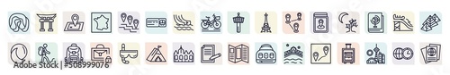 set of travel icons in outline style. thin line icons such as sleeping, unfolded map, bus ticket, paris, moon and tree, backpacker, secure briefcase, vaticano, itinerary icon.