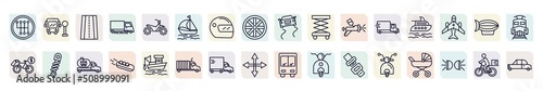 set of transport icons in outline style. thin line icons such as gearshift, road with broken lines, sail boat, lifter, luxury yacht, shock breaker, bobsleigh, heavy vehicle, motorbike icon.