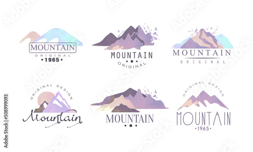 Watercolor Mountain Original Logo Design with Purple Peak and Ridge Vector Set