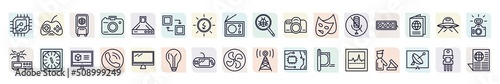 set of technology icons in outline style. thin line icons such as computer microprocessor, air cooler, mode, reflex photo camera, tee power, kitchen timer, reciever, gamepad with cable,