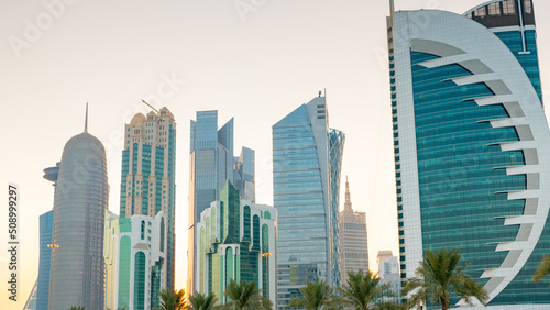 The skyline of Doha city center during evening  Qatar