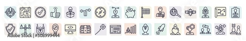 set of startup stategy and icons in outline style. thin line icons such as mission, valid, decision, finish flag, rivalry, comparison, restrict, purpose, reaction icon.