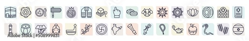 set of religion icons in outline style. thin line icons such as kaaba mecca, matzo ball soup, tallit, sacred cow, lotus, tablas, hindu, swastica, genie lamp icon.