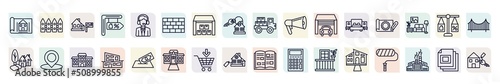 set of real estate icons in outline style. thin line icons such as blueprint, for rent, wall, advertisement, technical drawing, map location, modern house, buy, house front view icon.