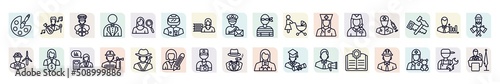 set of professions icons in outline style. thin line icons such as artist, driver, racer, baby sitter, surgeon, financial manager, fireman, photographer, guide icon.