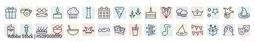 set of party icons in outline style. thin line icons such as giftbox with ribbon, mustache with glasses, party dress, birthday cake, king crown, firework rocket, big ice cream bowl, candy paper,