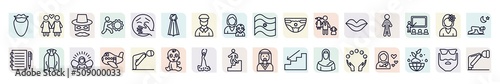 set of people icons in outline style. thin line icons such as facial hair, zorro, korean, baby with diaper, hairy, cape, aviation, spanish woman, juggling ball icon.