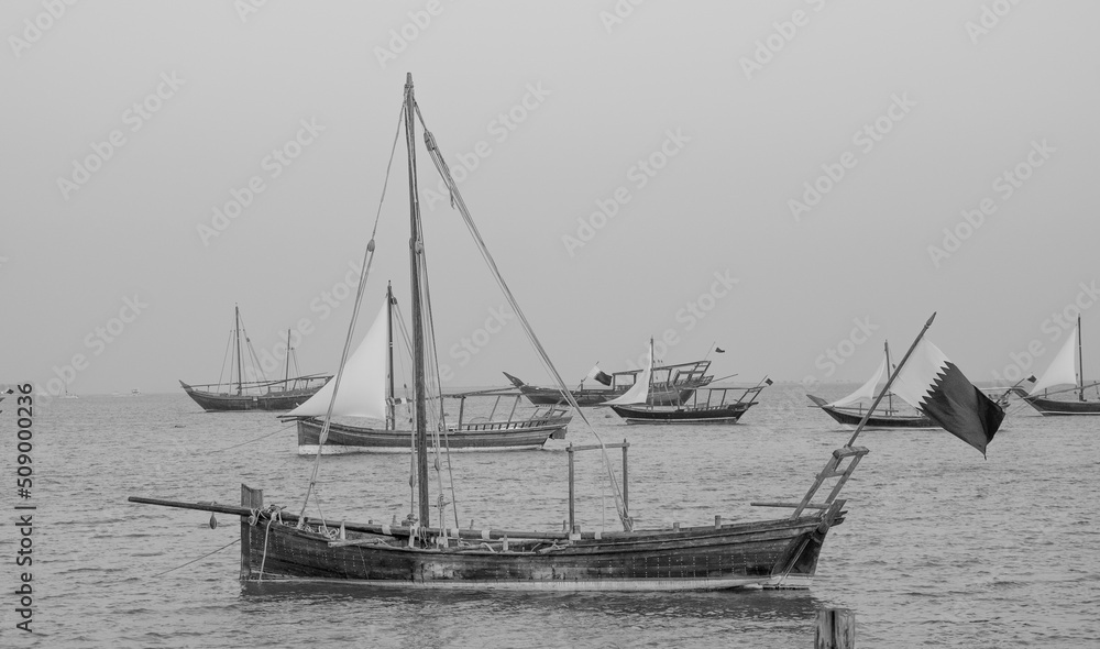 Traditional arabian dhows in Doha , Qatar, Middle East.