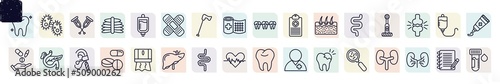 set of medical icons in outline style. thin line icons such as teeth, crutches, plaster, medical history, electric toothbrush, pancreas, pill, intestines, germs icon.