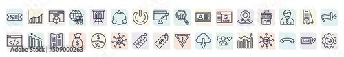 set of marketing icons in outline style. thin line icons such as coupon, web package, diversify, id, shop, diagrams, get money, offer, performance icon.