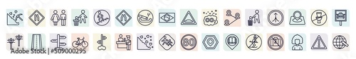 set of maps and flags icons in outline style. thin line icons such as mining work zone, toilets, narrow two lanes, co2, road joining, street, bicycle, rock landslide safety, no skiing icon.