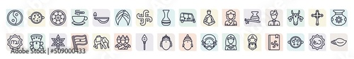 set of india icons in outline style. thin line icons such as sarnaism, bihu, turban, guru, indian man, durga puja, india badge, kartikeya, kathakali icon.