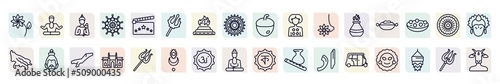 set of india icons in outline style. thin line icons such as lakshmi, vishnu, trisul, kali, curry, hanuman, gate of india, marathi language, rickshaw icon.