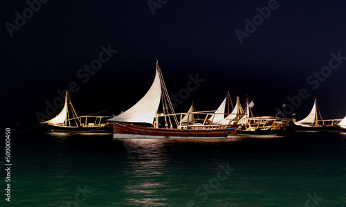 Canvas Print Traditional boats called Dhow in doha, qatar. Selective focus