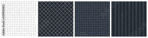 Dark geometric masculine seamless pattern set. Classical with modern twist herringbone, dot grid and diamond patterns. Vector background collection in neutral grey, charcoal black and white colors