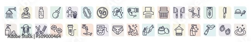 set of hygiene icons in outline style. thin line icons such as douche, chlorine, hygienic pad, extractor, cotton swab, face washer, cotton, flossing, face towel icon.