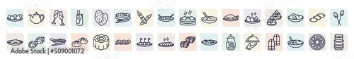 set of food and restaurant icons in outline style. thin line icons such as tofu, champagne glass, kung pao chicken, black sesame soup, zongzi, sachima, baozi, maria mole, restaurant service