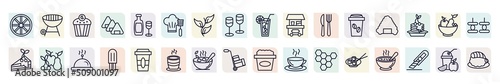 set of food icons in outline style. thin line icons such as buddhism wheel, zombie muffin, chef cooking on stove, popcorn shop, rice ball with seaweed, fruits, ice lolly, bowl of food, sushi dish,