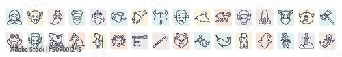 set of fairy tale icons in outline style. thin line icons such as little red riding hood, genie, pinocchio, ghost, atomic bomb, dracula, hero, fanfare, yeti icon.