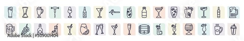 set of drinks icons in outline style. thin line icons such as pint of beer, latte, alcohol, mashing, mojito, bunch of grapes, tomato juice, toast, tropical itch icon.