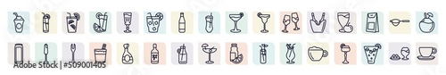 set of drinks icons in outline style. thin line icons such as frappuccino, caipirinha, cuba libre, margarita, juice, french 75, white russian drink, smoothie, cappuccino icon.