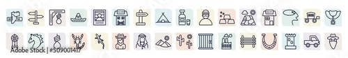 set of desert icons in outline style. thin line icons such as holster, gibbet, desert saloon, bandit, salon, horse, scorpion, sheik, paddock icon.