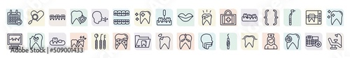 set of dentist icons in outline style. thin line icons such as dental appointment, dental brackets, lingual braces, broken tooth, brackets, cavities, toothache, dental folder, sealants icon.