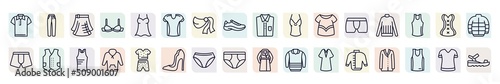 set of clothes icons in outline style. thin line icons such as polo shirt, kilt, jersey, camisole, turtleneck, waistcoat, fleece, panties, windbreaker icon.