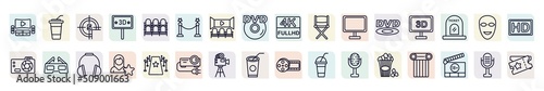 set of cinema icons in outline style. thin line icons such as home theater, movie countdown, cinema borders, director film chair, 3 dimension screen, 3d glass, cinema celebrity, old projector,