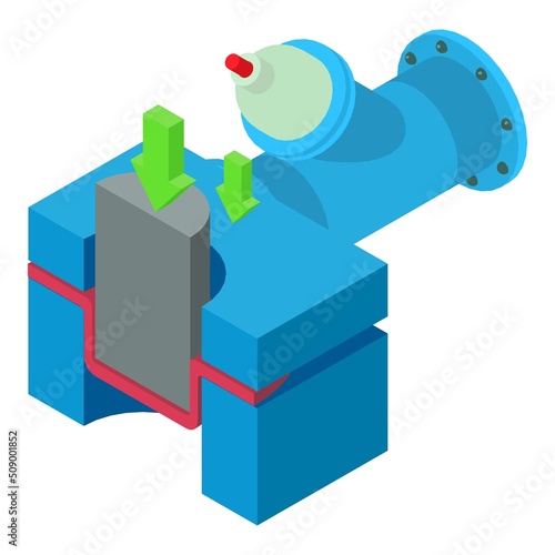 Industrial production icon isometric vector. Press machine, pipe without tap icon. Professional equipment, steel and iron industry, metallurgy