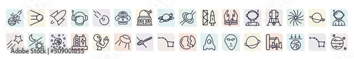 set of astronomy icons in outline style. thin line icons such as space collision, rocket flying, alien with aqualung, launching shuttle, lander, day and night, generator, voyager, saturn