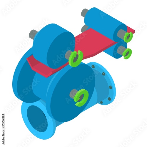 Forming process icon isometric vector. Roll forming machine and pipe part icon. Industrial equipment, construction, manufacturing