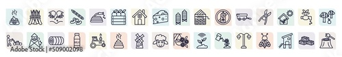 set of agriculture farming icons in outline style. thin line icons such as poo, plant seeds, harvest, well, shears, water tower, milk jar, flour mill, lamppost icon.