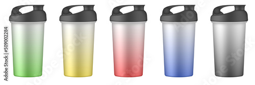 Set of multicolored sport cups or bottles for water. Protein shake drink. Green, black, yellow, blue and purple gradient travel cups. Thermo mug. Plastic shaker. Bicycle bottle