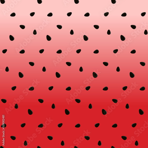 Vector watermelon seamless pattern background with black seeds. Gradient red pink