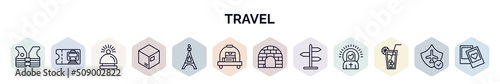 set of travel web icons in outline style. thin line icons such as lifejacket, train ticket, hotel bell, packing, eiffel tower, bellhop, igloo, , lemonade icon.
