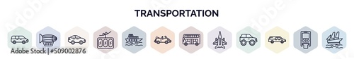 set of transportation web icons in outline style. thin line icons such as people carrier, dirigible, sedan, funicular railway, ferry boat, cabriolet, double decker bus, military airplane, hearse,