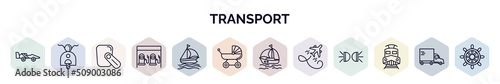 set of transport web icons in outline style. thin line icons such as formula 1, scooter bike, hands free device, petrol station, sailing boat, pram, sailing boat with veils, flying airplane, diesel
