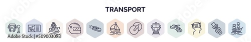 set of transport web icons in outline style. thin line icons such as school bus stop, plane tickets, ferry, motorsport, bobsleigh, sail boat, transition, train front view, slippy road icon.