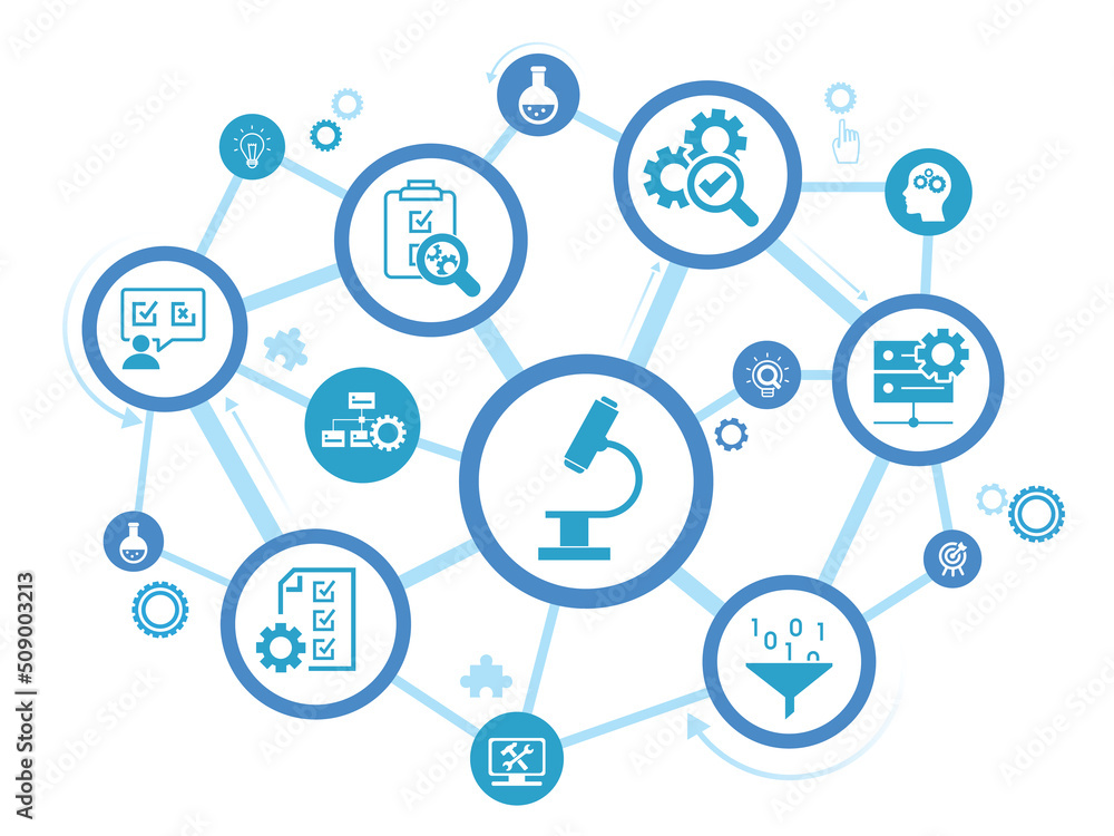 Research development vector illustration. Concept with connected icons related to project management, product design or engineering, business development
Research development vector illustration. Concept with connected icons related to project management, product design or engineering, business development