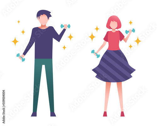 軽めのダンベルで運動する男女　人物フラットイラスト