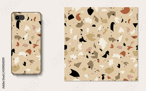 Vector seamless pattern Terrazzo. Abstract textured with small pieces of broken marble, tile, glass. Modern stone background for print, interior decor, paper, branding, web design. Phone case mockup