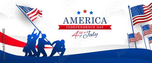 Raising the American flag on Iwo Jima, 4th of July independence day banner background. Promotional advertising banner template for background, Poster, or Banner. Vector illustration.
